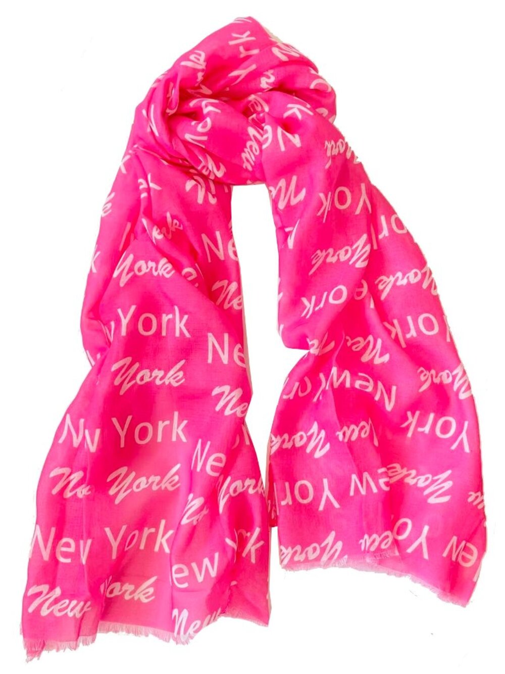 Women Summer New York Print Rectangular Light Scarf - Fuchsia Pink/White